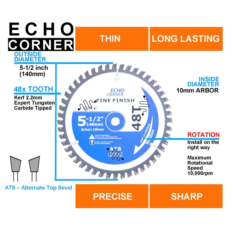 Echo Corner 5-1/2-Inch (10mm Arbor) Circular Saw Blade 48-Tooth, Carbide