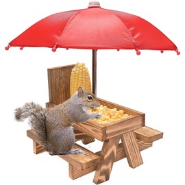 Squirrel Feeder Picnic Table with Umbrella and Corn Cob Holder, New Premium Gift for Squirrel and Chipmunk Lovers, Outdoor Garden Ornaments for Chipmunk Wildlife Bird Animal Bench Feeder