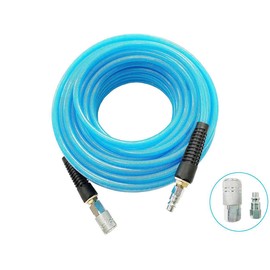 SANFU Polyurethane(PU) Reinforced 3/8”ID x 50ft Air Hose, Non-kinking with 3/8” Repaired Industrial Quick Coupler and Plug, Bend Restrictor, Transparent Blue(50’)