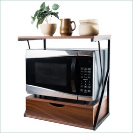 Angora Microwave Shelf with Drawer – Compact 2 Tier Microwave Stand for Small Kitchens & Apartments – Wood & Metal Countertop Organizer (21.25” Wide)