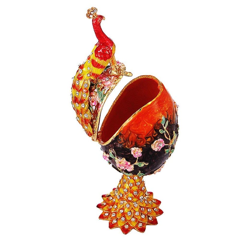 QIFU Peacock Easter Egg Style Jeweled Trinket Box Hinged, Unique