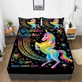 Zillons DXH Dreamy Unicorn Bed Sheets Set Queen Size,Magic Rainbow Letters Unicorn Bedding Black Fitted Sheets, Unicorn Stars Girls Sheet Set Kids Teens Adults Bedroom Decor Sheets Set