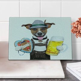 Lunarable Oktoberfest Cutting Board, Oktoberfest Dog with Beer Mug and Gingerbread Heart Smiling Happy Times Art, Decorative Tempered Glass Cutting and Serving Board, Small Size, Yellow Brown
