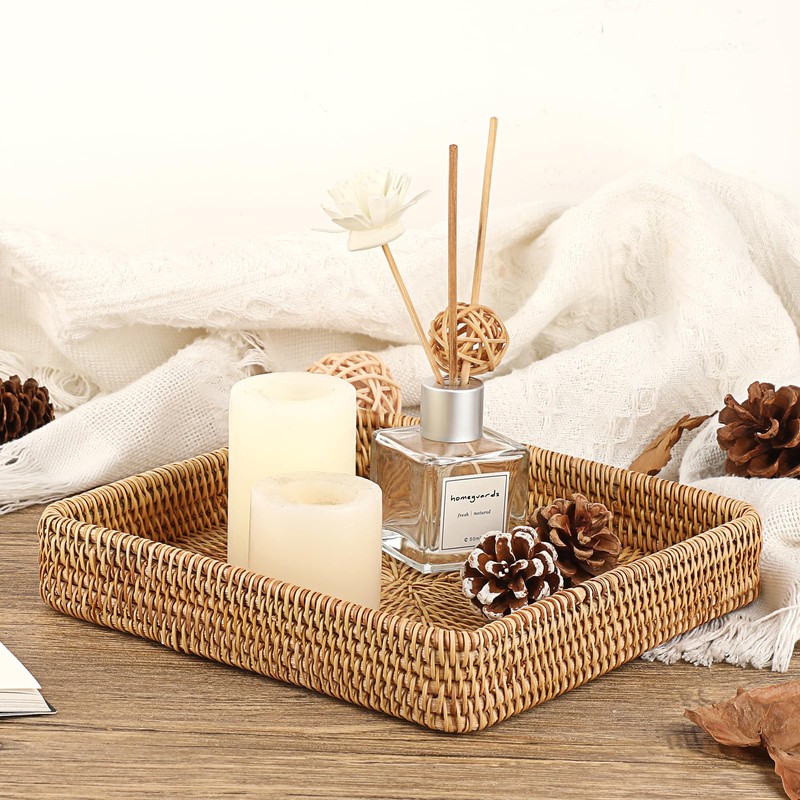 Hipiwe Key Basket Tray for Entryway Table Rattan Serving Tray