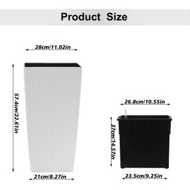 22.6" H Indoor/Outdoor Faux Rattan Planter Pots with Self Watering System,Modern Square PP Plastic Planters Drainage Holes, 2 Pack Large Flower Pot for Garden Patio Balcony,White