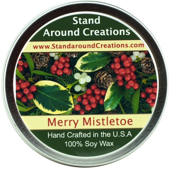Premium 100% All Natural Soy Wax Aromatherapy Candle - 4oz Tin -Merry Mistletoe: A blend of citrus, blue spruce, and frosted cranberries create this perfect holiday scent! This fragrance is infused with Fir, Peppermint, and Cedar Leaf essential oils.