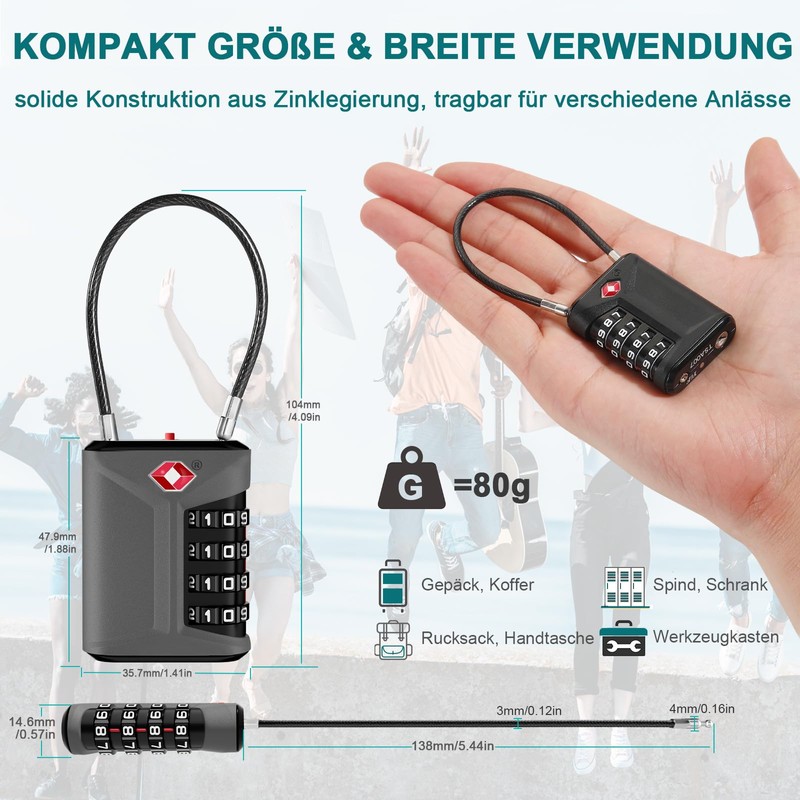 ZHEGE Luggage Lock, Cable Lock TSA Approved with White Numbers,