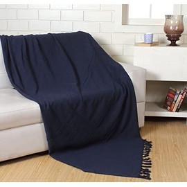 DN COLLECTION Cotton Throw For 1 Seater Sofa Couch Chair 127 x 152cm Reversible Navy Bed Throw Blanket Single Size (50'' x 60'' (127 x 152cm), Button Navy)