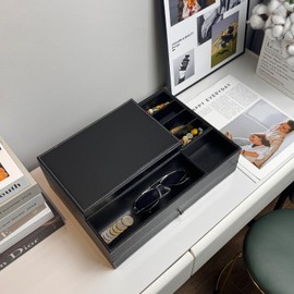 Neehows Nightstand Organizer Valet Tray for Men, Men's Jewelry Organizer Box Jewelry Tray, 2 Layers PU Leather Table Beside Watch Case Entryway Storage EDC Dump Catchall Trays with Drawer - Black