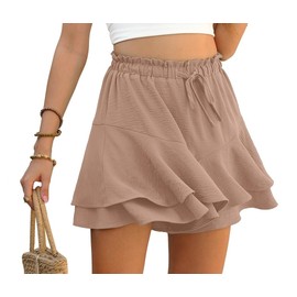 PrinStory Shorts Women's Summer High Waist Ruffle Shorts Leisure Wide Leg Loose Trouser Skirt Short Beach Holiday, Light Khaki, M