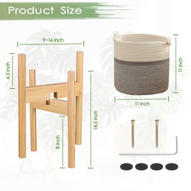 ZYWEICH Flower Pot Rattan Plant Stand Planter with Stand, Tall Indoor Boho Woven Wicker Storage Basket with Adjustable Wood Shelf (White & Grey)