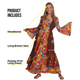 Morph Morph Long Hippie Costume For Women, 70s Hippie Dresses, Retro 60s Style Outfit, Vintage Festival Wear, X-Large