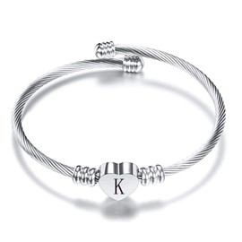 VQYSKO Silver Heart Initials Bracelet-A-Z Stainless Steel Engraved Charm Bracelet, Woman Jewelry Birthday Festival Gift (Silver K)
