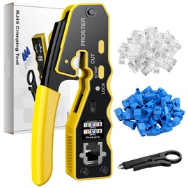 Proster RJ45 Crimp Tool Set All-in-one RJ45 Crimping Tool Kit with 50 PCS CAT6 Pass Through Connectors 50 PCS RJ45 Cat6 Protection Covers RJ45 Pass Through Crimp Tool-Yellow