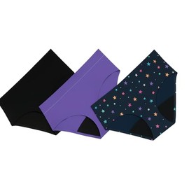 Thinx Teens Period Underwear, Brief-Style Period Panties, Holds Up to Regular 12 Tampons, Reusable & Controls Odor, 3-Pack - (1) Black, (1) Lucky Stars, (1) Violet, Size 910