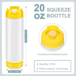 Didaey 2 Pcs 20 oz Inverted Plastic Squeeze Bottles, Refillable Tip Large Valve Dispenser Condiment Squeeze Bottle for Sauces Ketchup Sour Cream Self Sealing Syrup Dispenser for Restaurants (Yellow)