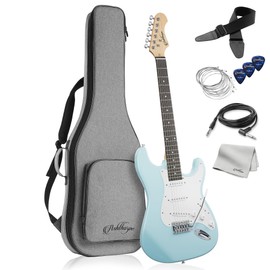 Ashthorpe 39-Inch Electric Guitar (Light Blue-Silver), Full-Size Guitar Kit with Padded Gig Bag, Tremolo Bar, Strap, Strings, Cable, Cloth, Picks