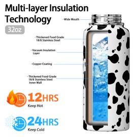 Cow Print Water Bottle with Straw Lid 32oz Vacuum Insulated Sports Water Bottles Cow Gifts for Women Men Cow Print Stuff Accessories Stainless Steel Thermos Travel Mug