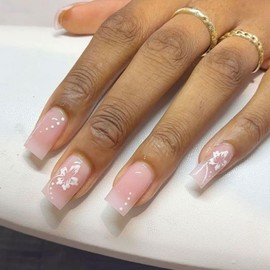 YOSOMMK Press on Nails Short Square Fake Nails with Flower Designs Nude Pink False Nails Cute Glossy Glue on Artificial Nails for Women and Girls