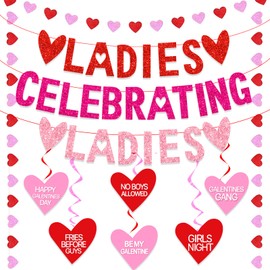 Ladies Celebrating Ladies Banner, Galentines Day Decorations Pre-assembled Galentines Day Banner with Love Hearts Valentines Day Hanging Swirls Galentines Day Decorations for Party