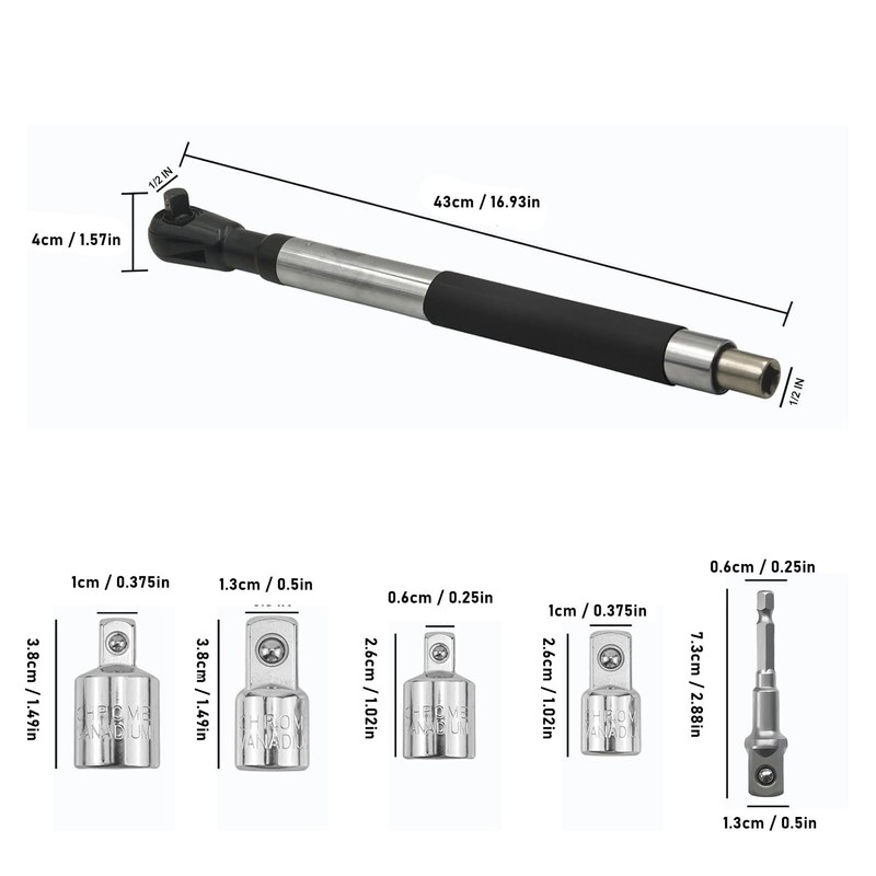 Offset Extension Wrench Set, 4 Adapters, 1/2" Electric Drill Adapter