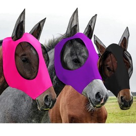 Weewooday 3 Pcs Horse Fly Masks for Horses Fly Masks with Ears Smooth and Elasticity Fly Mask with UV Protection (M,Purple,Pink,Black)