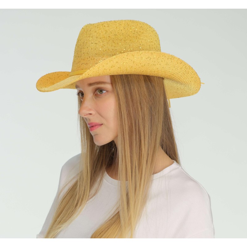 C.C Sparkly Sequin Cowboy Hat with Suede String Trim, Yellow