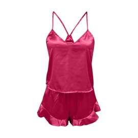 Celucke Women's Satin Pajama Set, V Neck Camisole Top and Shorts Sleepwear Luxurious Comfortable Nightwear for Ladies, Satin Pyjamas For Women, Pj Shorts Set, Ladies Comfort Lounge Wear Hot Pink