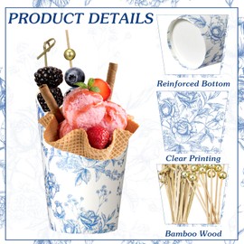 Tioncy 250 Pcs Something Blue Bridal Shower Decoration, Includes 50 Pcs 14 oz Blue White Floral Charcuterie Cups with 200 Pcs Cocktail Picks, Something Blue Disposable Charcuterie Cups for Wedding