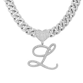 BLBLJERY L Initial Necklaces Silver Cuban Link Chain for Women Iced Out Chain with Heart Letter Pendants Custom Chain Name Necklace Hip Hop Jewelry Gift