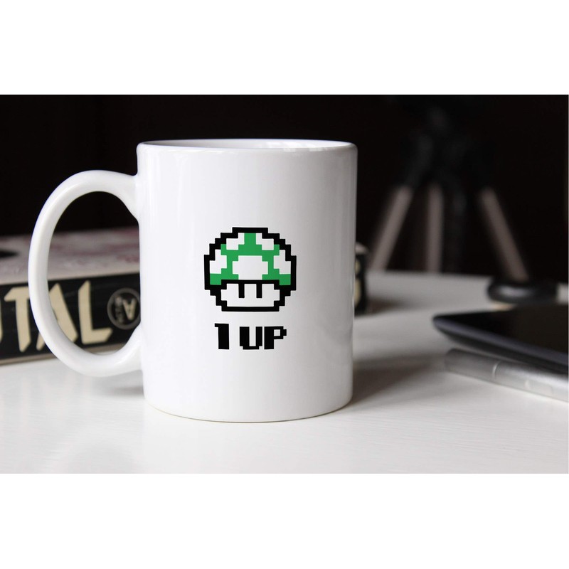 MoonWorks Coffee Cup Birthday Retro Pixel Mushroom 1-Up Mushroom Level-Up