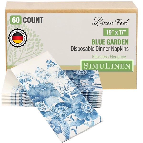 SimuLinen Blue Floral Decorative Dinner Napkins, Disposable Cloth-Like Paper Napkins,