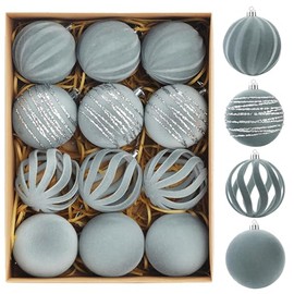 Christmas Ornaments Set of 12, 3.15" Flocked Velvet Balls with Hand Painted Designs, Dusty Blue Elegant Christmas Tree Decorations in Gift Box