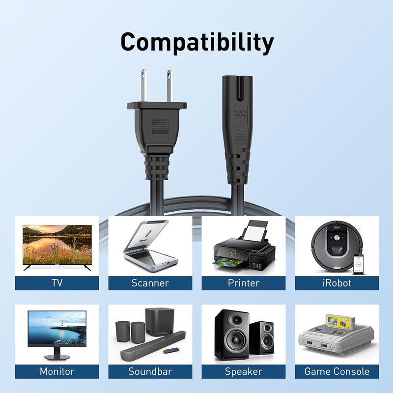 Elliptical Machine Power Cord 2 Prong Power Cord Adapter 5FT