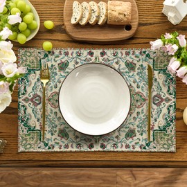 Artoid Mode Boho Placemats Set of 4, Daily Green Floral Bohemian Fall Table Mats for Home Party Dining Decoration 12x18 Inch