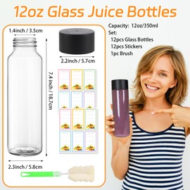 Dayify 12 Pack 12 oz Glass Juice Bottles with Lids, 350 ml Empty Glass Water Bottles with Black Caps, Reusable Drinking Jars for Juicing, Milk, Beverages, Smoothies
