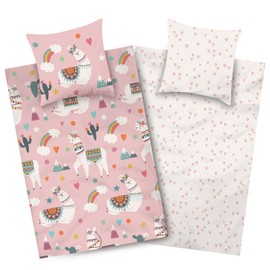 Aminata kids Lama Girls' Bed Linen - Reversible Bed Linen 135 x 200 cm Microfibre - Children's Bedding Set with Zip - Llamas, Rainbow Hearts - Allergy Sufferers