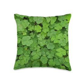 St. Patricks Day Gifts for Botanists with Clover Green Clover with Dewdrops Pattern-Natural Irish Shamrock Throw Pillow, 16x16, Multicolor