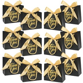 Nimbbex 50Pack Small Thank You Bags with Handles, Party Favor Bags 5.5x2.3x4.7 Inches Small Black Gift Bags with Handles, Mini Paper Candy Bags with Gold Ribbon for Wedding Baby Shower Birthday