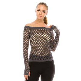 Kurve Stretchy Fishnet Long Sleeve Top, UV Protective Fabric, Rated UPF 50+ (Made with Love in The USA), Charcoal, Large/X-Large