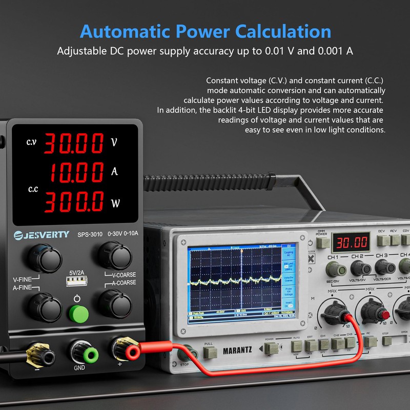 Jesverty DC Power Supply Variable, 0-30V 0-10A Adjustable Switching DC