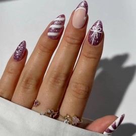 Christmas Press on Nails Short Oval Fake Nails With Candy Bow Stripe Designs Purple Glitter Xmas Hat French Tip False Nails Full Cover Stick on Nails Acrylic Winter Artificial Nails for Women 24 Pcs