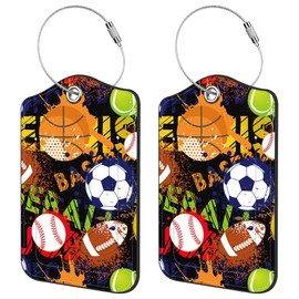 Neidius 2 Pack Luggage Tags for Suitcase,Sport Balls PU Leather Luggage Tags with Privacy Cover Name Address Labels and Steel Ring,Creative Travel Accessories for Men and Women