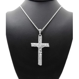 NYFASHION101 INRI Jesus Christ on Textured Cross Pendant with 2mm Rope Chain Necklace, Silver-Tone, 24"