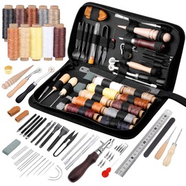 Leather Working Tools Leather Craft Kit and Supplies Upholstery Repair Kit with Waxed Thread Stitching Groover Awl for Punch Stitching, Leather Sewing and DIY Craft Making