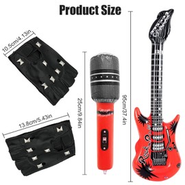3Pcs Punk Rocker Party Kit, Large Red Inflatable Guitar Microphone Blow Up Guitar Punk Rocker Gloves Punk Rockstar Fancy Dress Kids Boys 70S 80S 90S Heavy Metal Disco Costume Accessories for Men Women