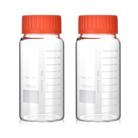 Kestun 2 Pack 1000ml Wide Mouth Graduated Round Reagent Bottle,Borosilicate 3.3 Glass Bottle,Media Storage Bottle With GL80 Orange Polypropylene Screw Cap