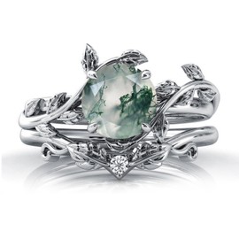 Natural Moss Agate Ring 925 Sterling Silver Green Round Moss Agate Ring Set Promise Ring Engagement Wedding Jewelry Gift for Women #7.5