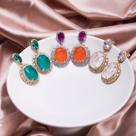 Metmolley Large Colorful Simulated Gemstone Crystal CZ Dangle Earrings for Women Silver Hypoallergenic Oval Drop Earrings for Mom Wife Wedding Party Prom(green)