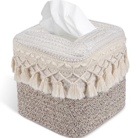 Square Boho Tissue Box Cover: Hand-Woven Tassel Holder for Bathroom, Table & Kitchen – Open-Bottom Design Decorative Cover for Home, Office & Farmhouse Decor